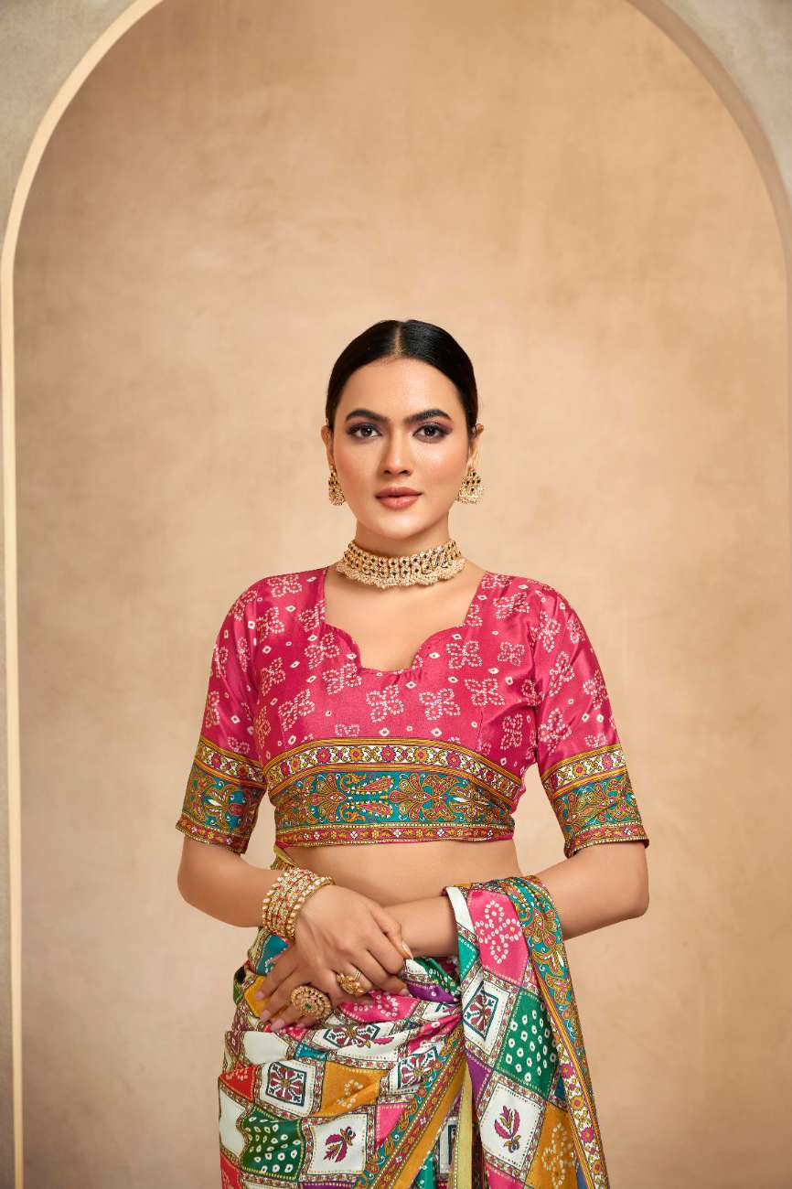 ROYALE – Vibrant Crepe Silk Saree with Rajwadi-Inspired Foil Position Print | Gujarati Royal Elegance