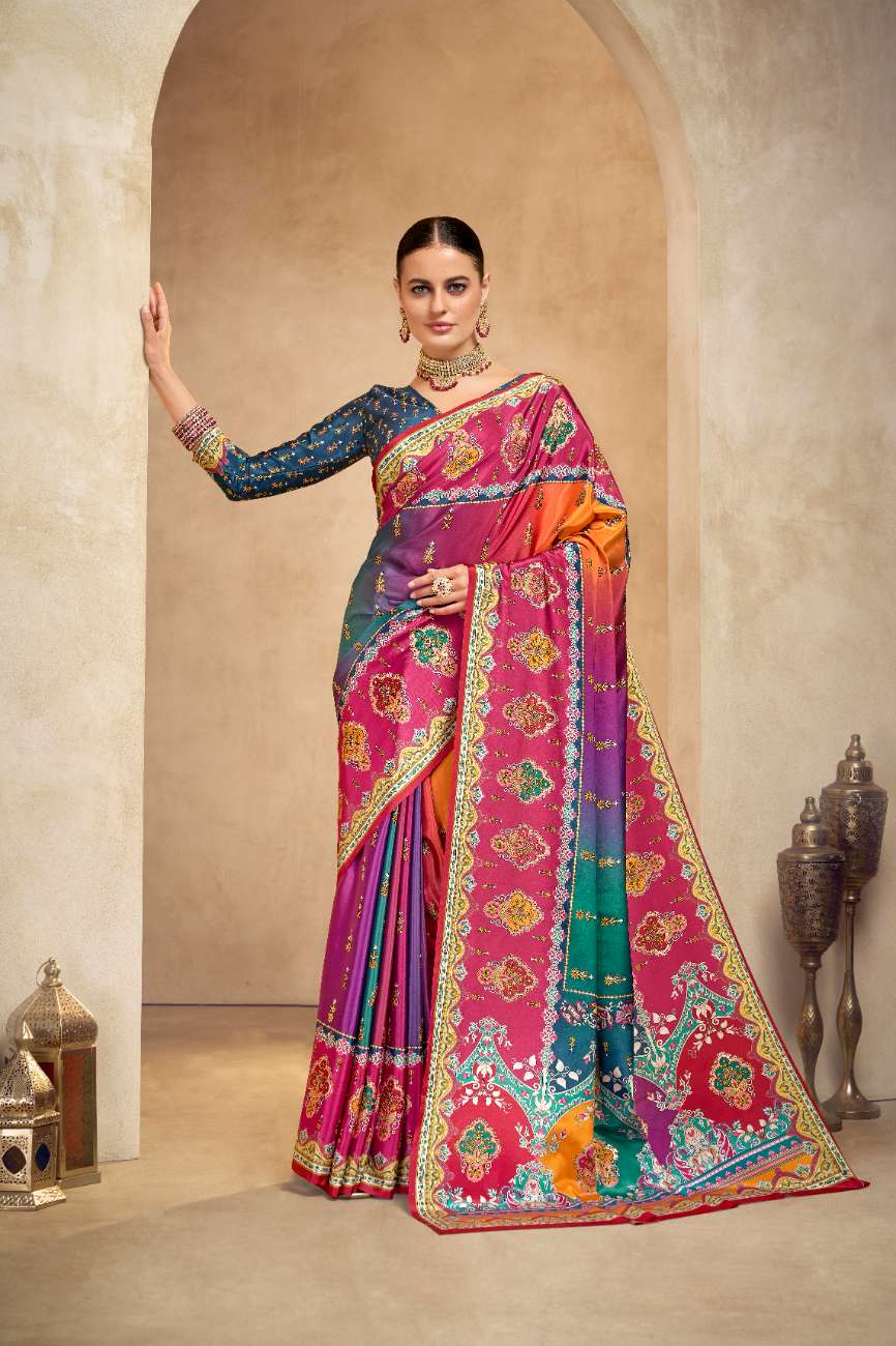 ROYALE – Vibrant Crepe Silk Saree with Rajwadi-Inspired Foil Position Print | Gujarati Royal Elegance
