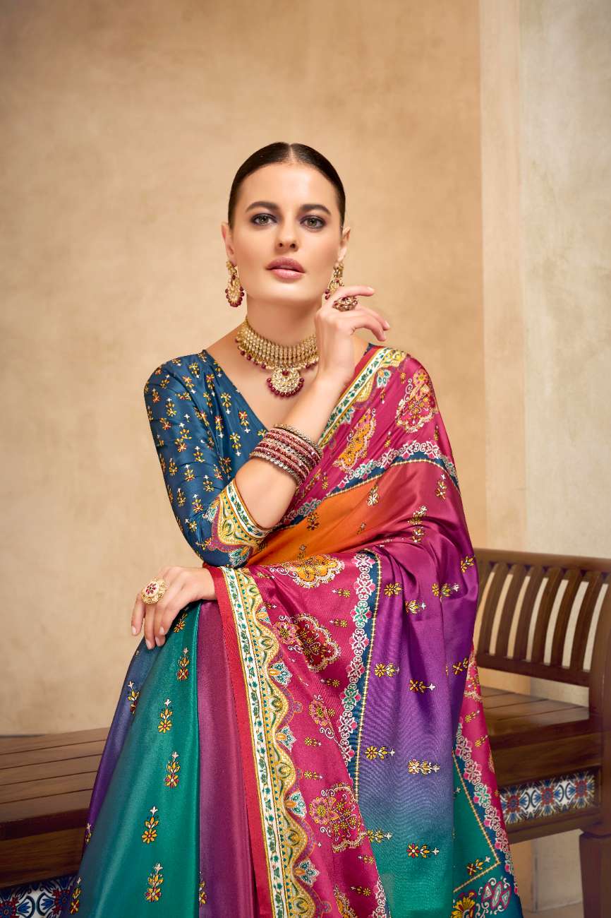 ROYALE – Vibrant Crepe Silk Saree with Rajwadi-Inspired Foil Position Print | Gujarati Royal Elegance
