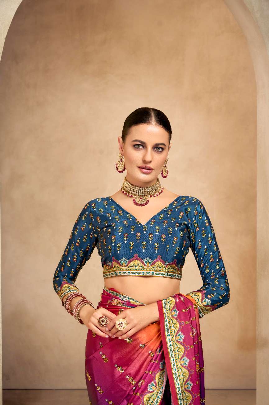 ROYALE – Vibrant Crepe Silk Saree with Rajwadi-Inspired Foil Position Print | Gujarati Royal Elegance