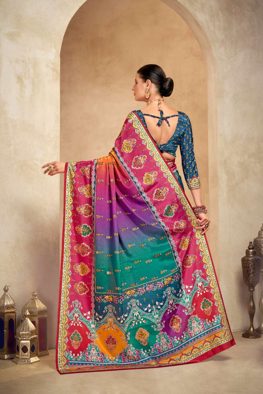 ROYALE – Vibrant Crepe Silk Saree with Rajwadi-Inspired Foil Position Print | Gujarati Royal Elegance