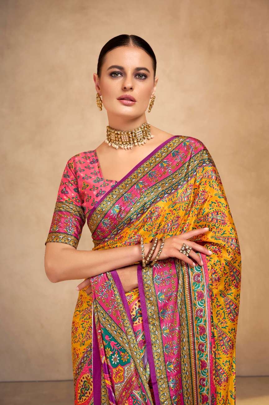 ROYALE – Vibrant Crepe Silk Saree with Rajwadi-Inspired Foil Position Print | Gujarati Royal Elegance