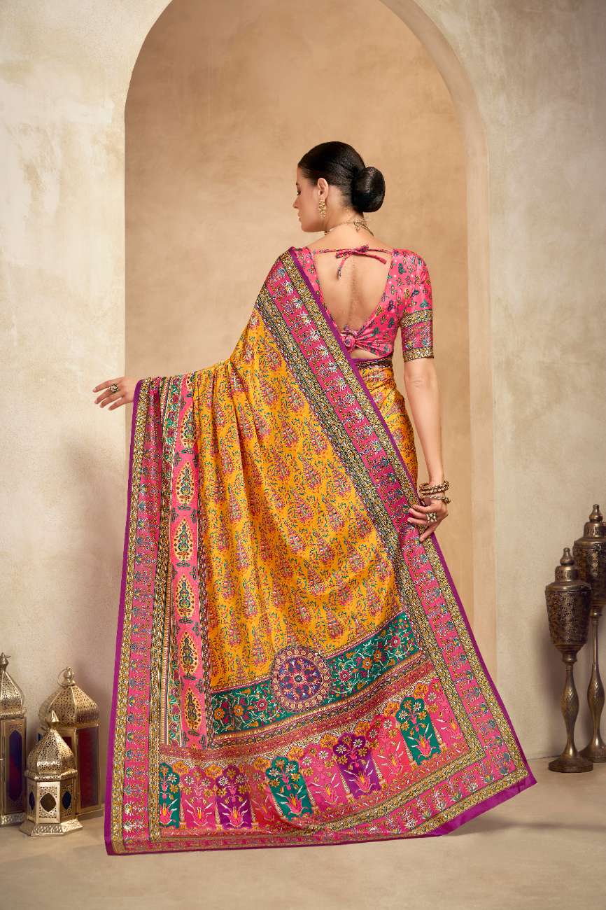 ROYALE – Vibrant Crepe Silk Saree with Rajwadi-Inspired Foil Position Print | Gujarati Royal Elegance