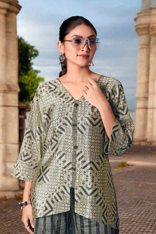 Elegant Crepe Silk Co-Ord Set with Pastel Floral Digital Print & Matching Scarf -Beige