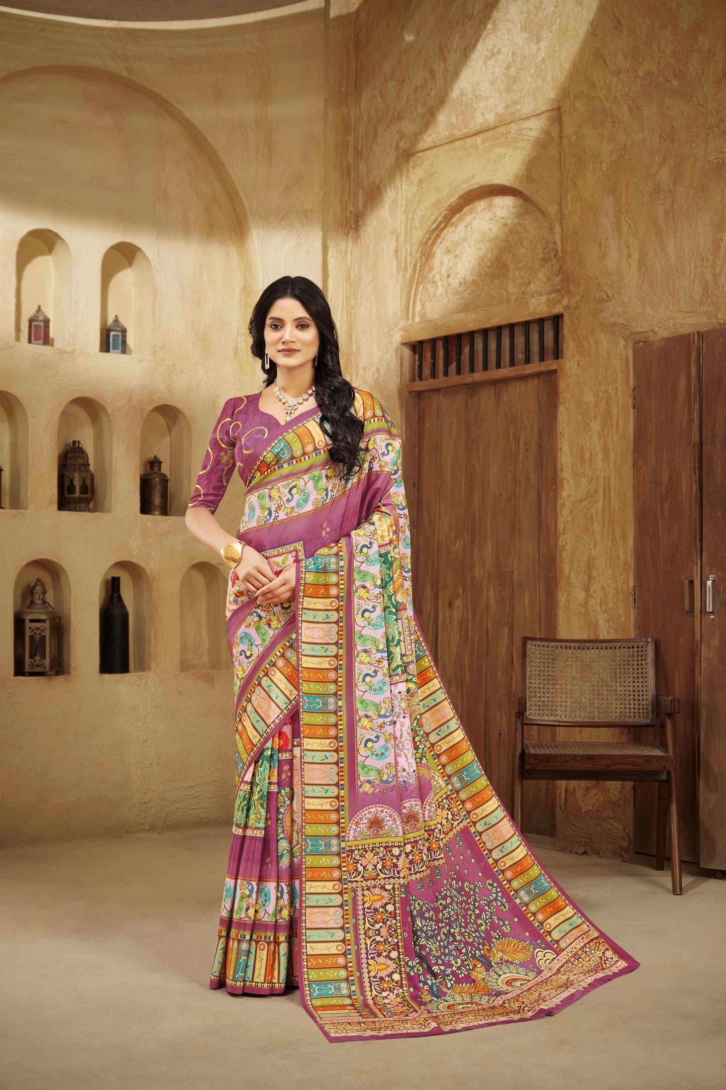 AASEA Elegant Royal Rajwadi Foil Print Saree in Crepe Silk