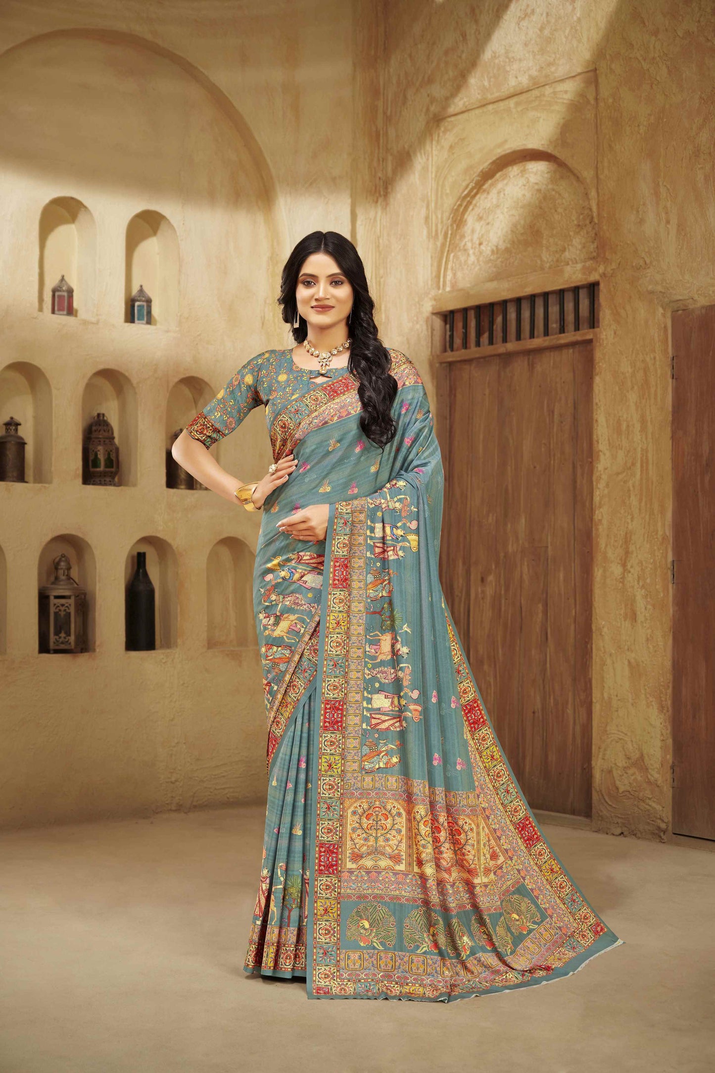 AASEA Elegant Royal Rajwadi Foil Print Saree in Crepe Silk