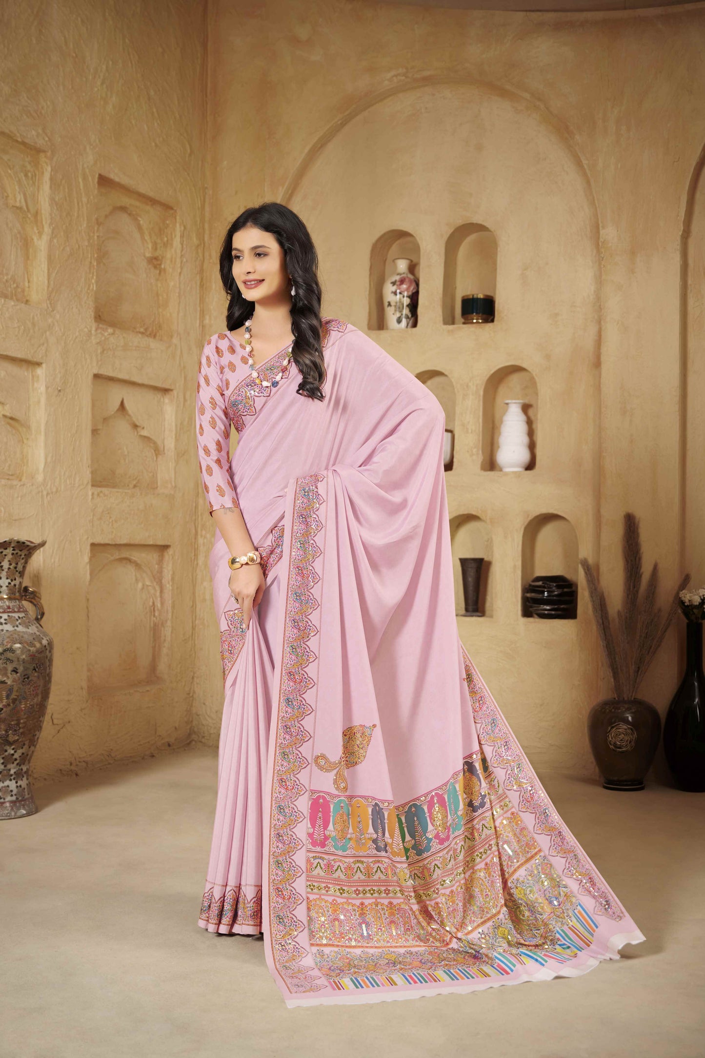 AASEA Elegant Royal Rajwadi Foil Print Saree in Crepe Silk