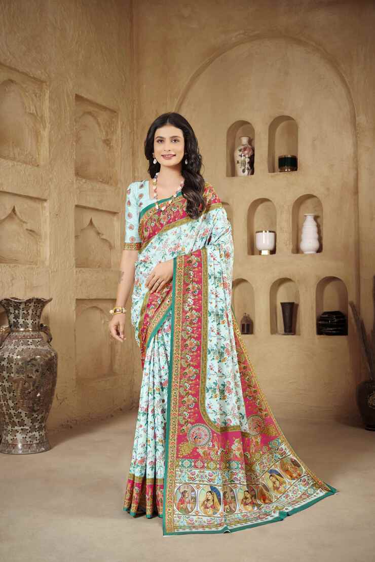 AASEA Elegant Royal Rajwadi Foil Print Saree in Crepe Silk