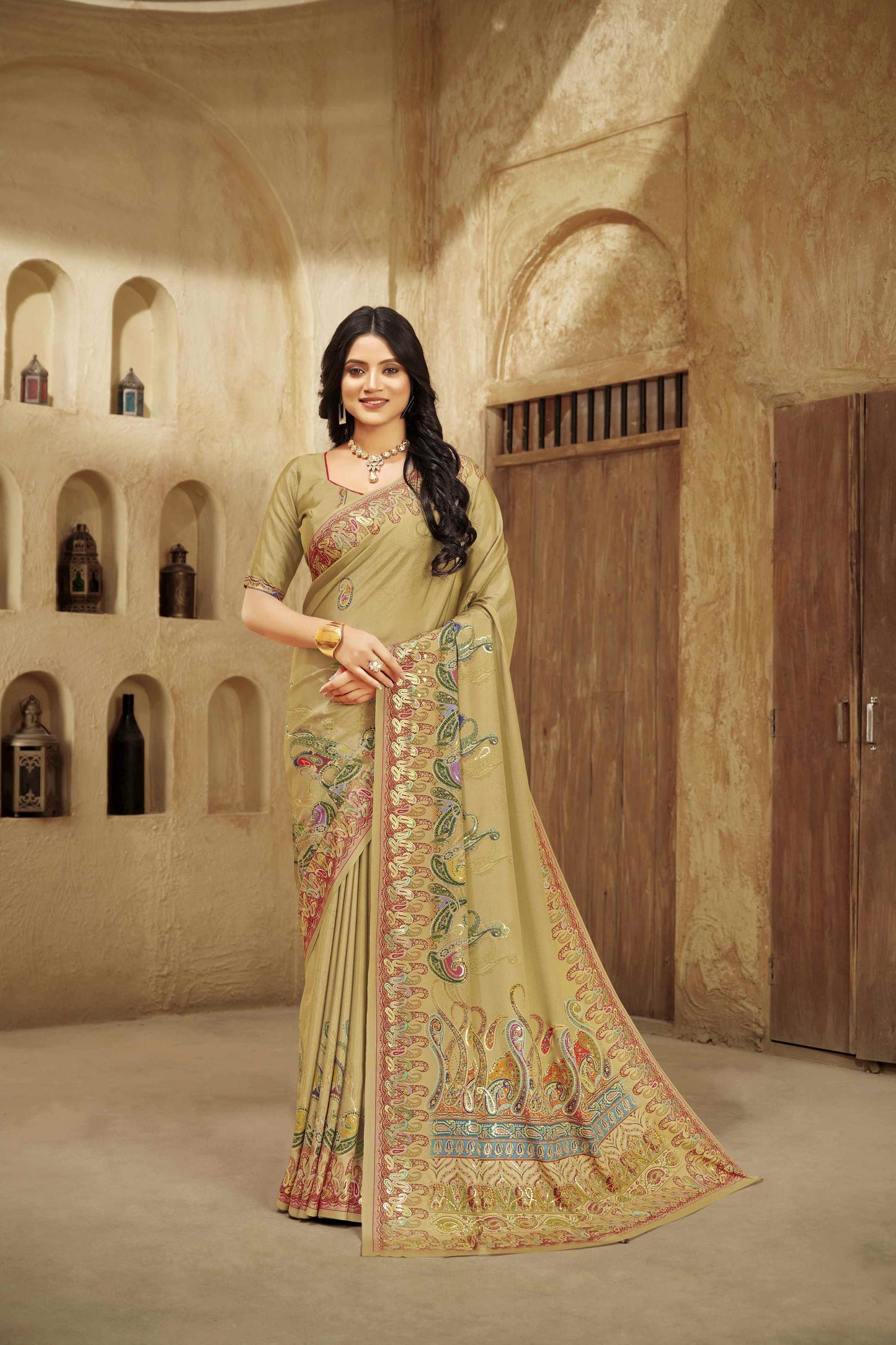 AASEA Elegant Royal Rajwadi Foil Print Saree in Crepe Silk