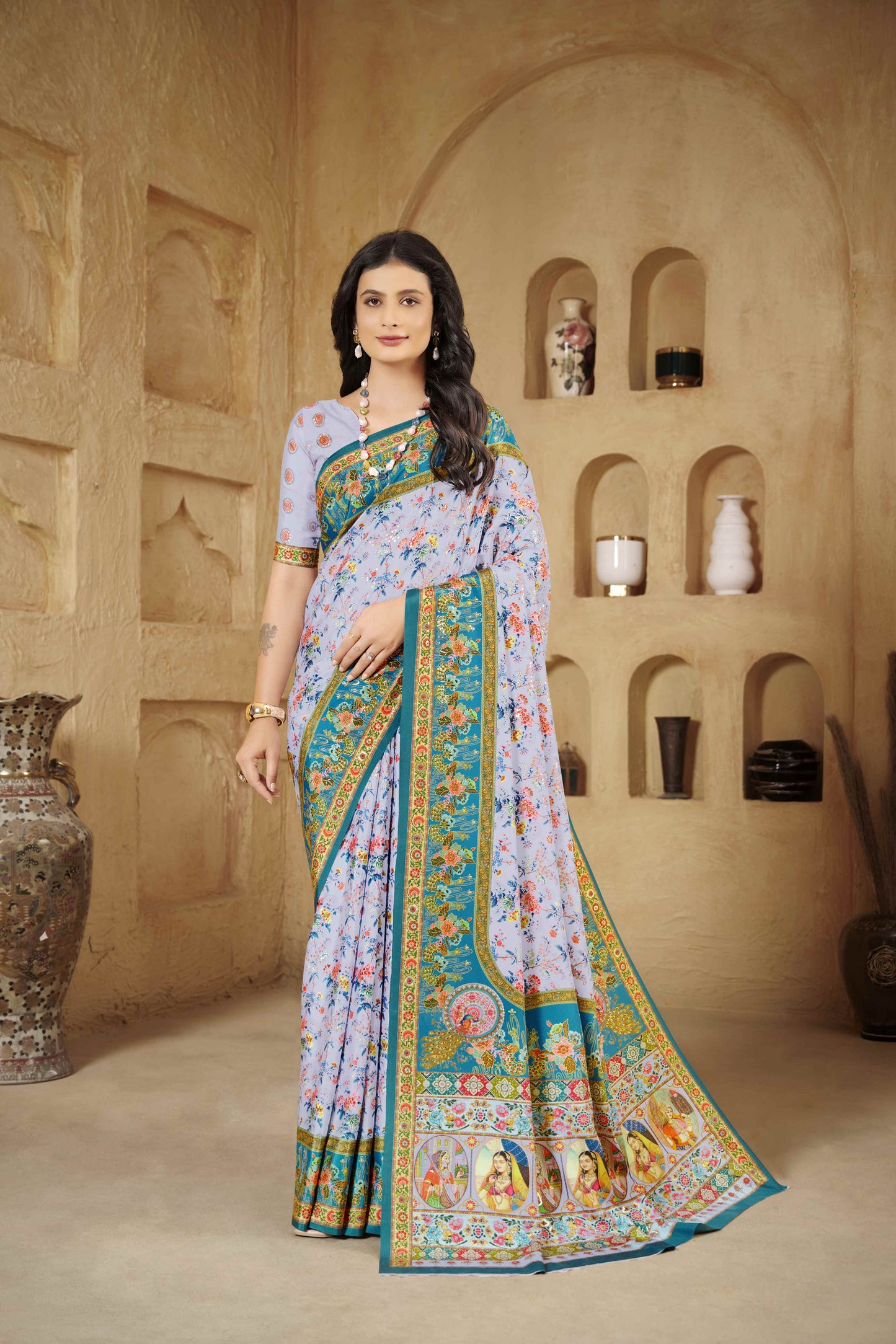 AASEA Elegant Royal Rajwadi Foil Print Saree in Crepe Silk