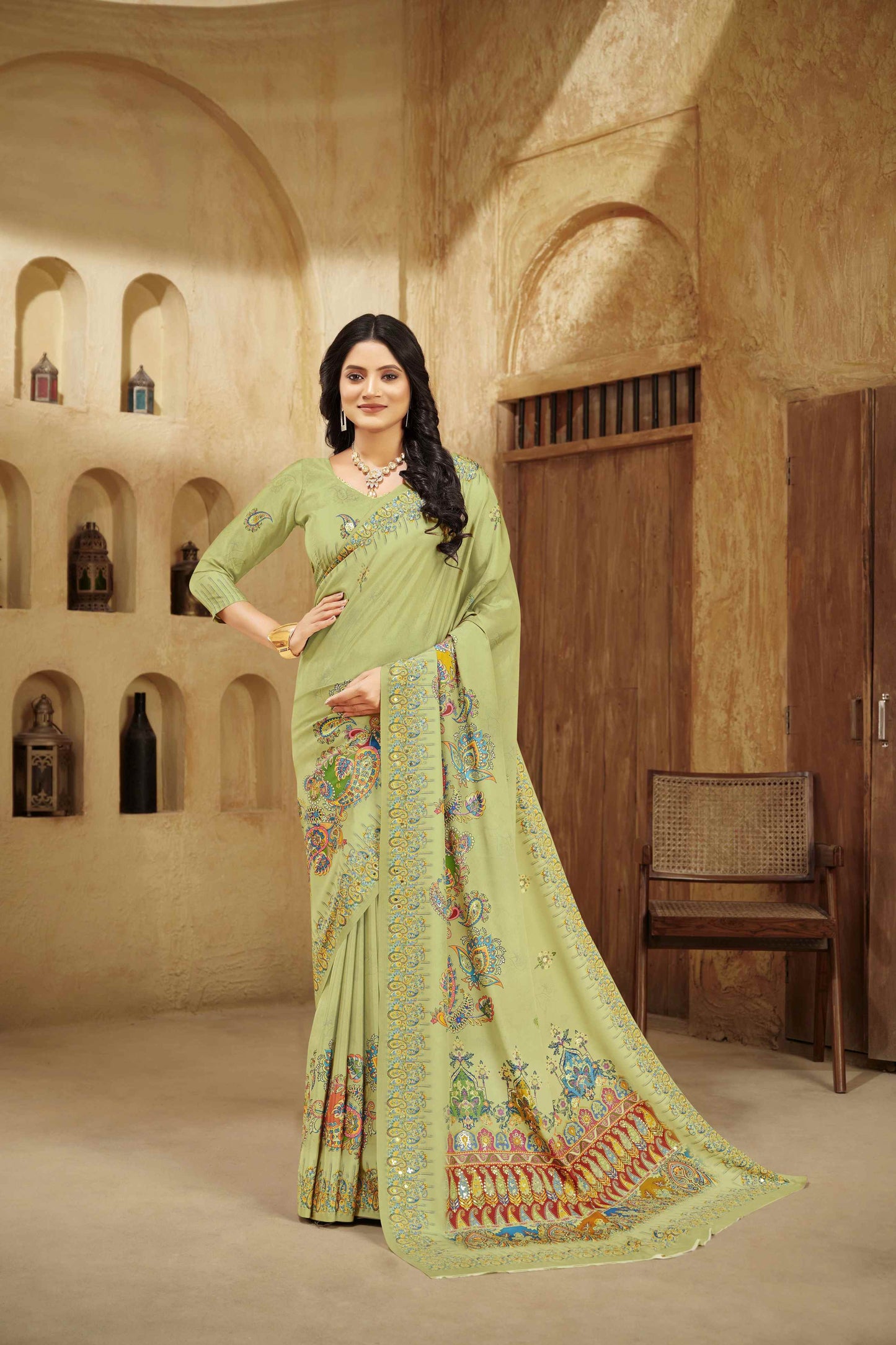 AASEA Elegant Royal Rajwadi Foil Print Saree in Crepe Silk