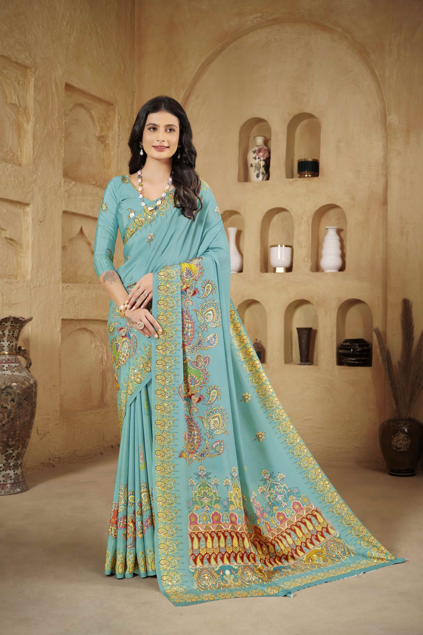 AASEA Elegant Royal Rajwadi Foil Print Saree in Crepe Silk