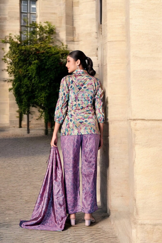 Elegant Crepe Silk Co-Ord Set with Pastel Floral Digital Print & Matching Scarf -Lavender- Beige