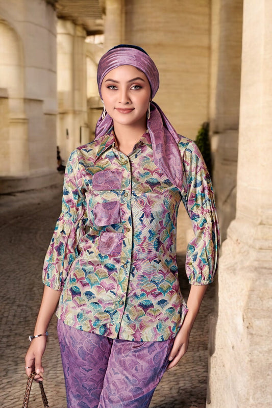 Elegant Crepe Silk Co-Ord Set with Pastel Floral Digital Print & Matching Scarf -Lavender- Beige