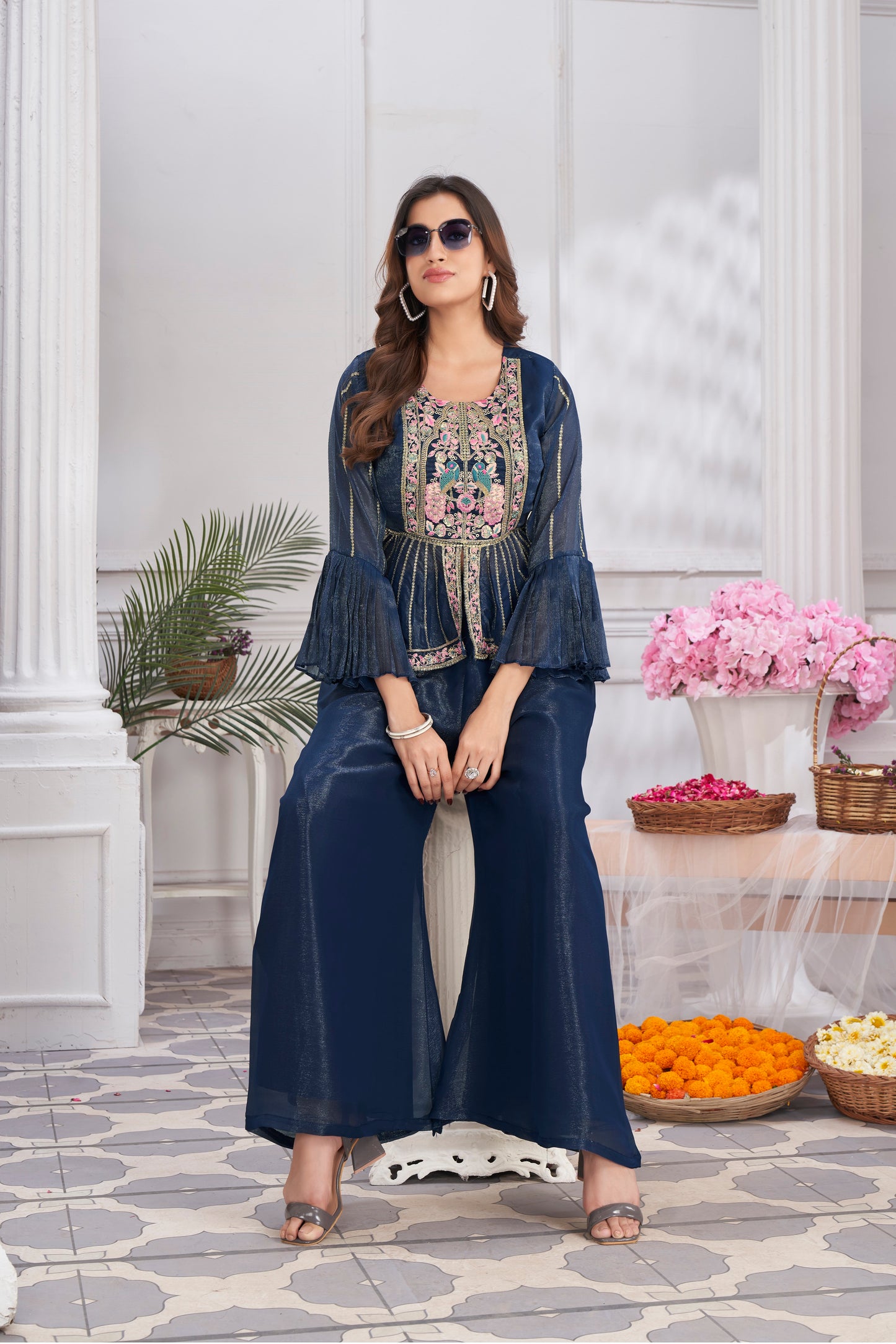 Premium Shimmer Georgette & Fancy Fabric Embroidery & Hand Work Fancy Crop Top/Sharara & Choli