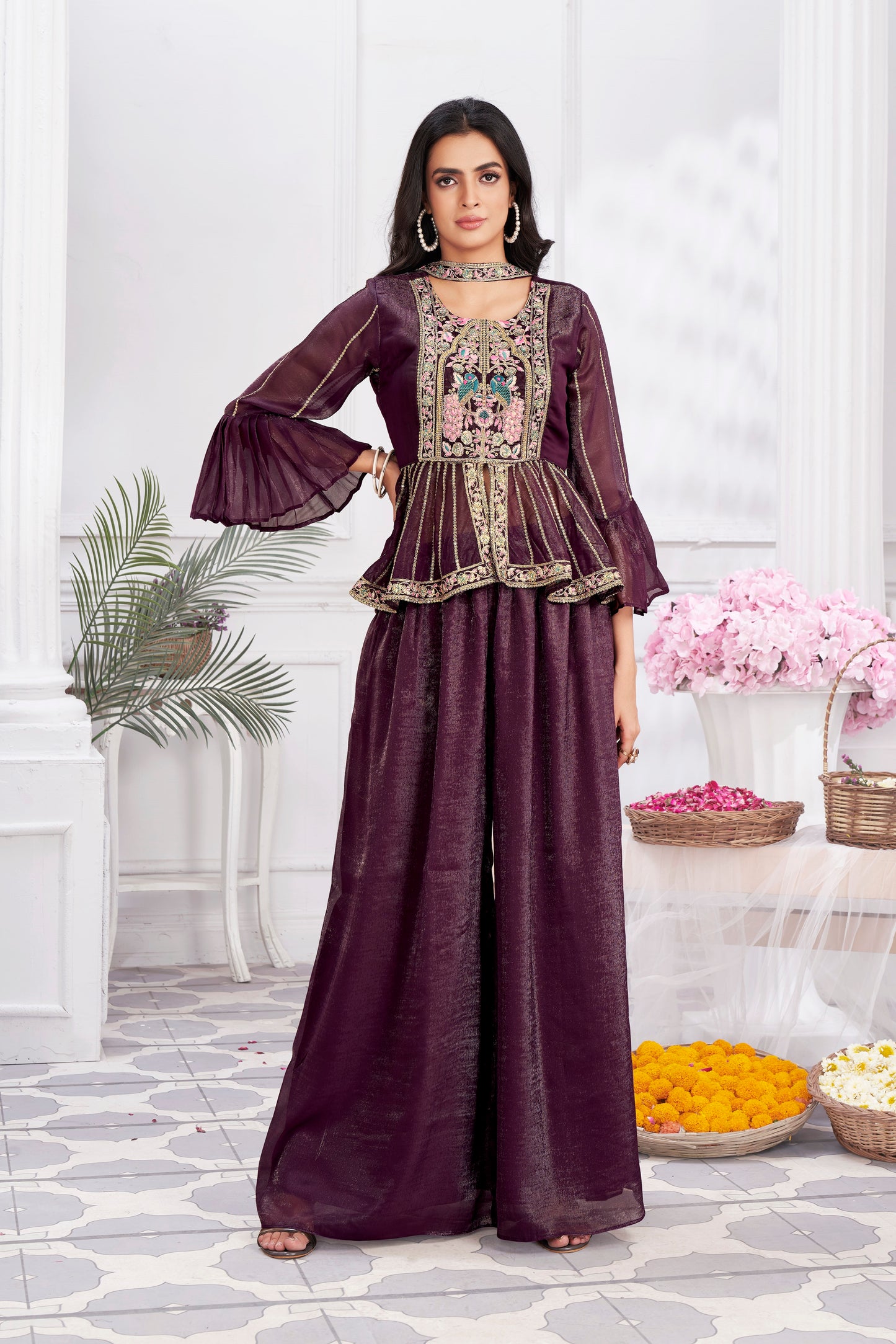 Premium Shimmer Georgette & Fancy Fabric Embroidery & Hand Work Fancy Crop Top/Sharara & Choli.