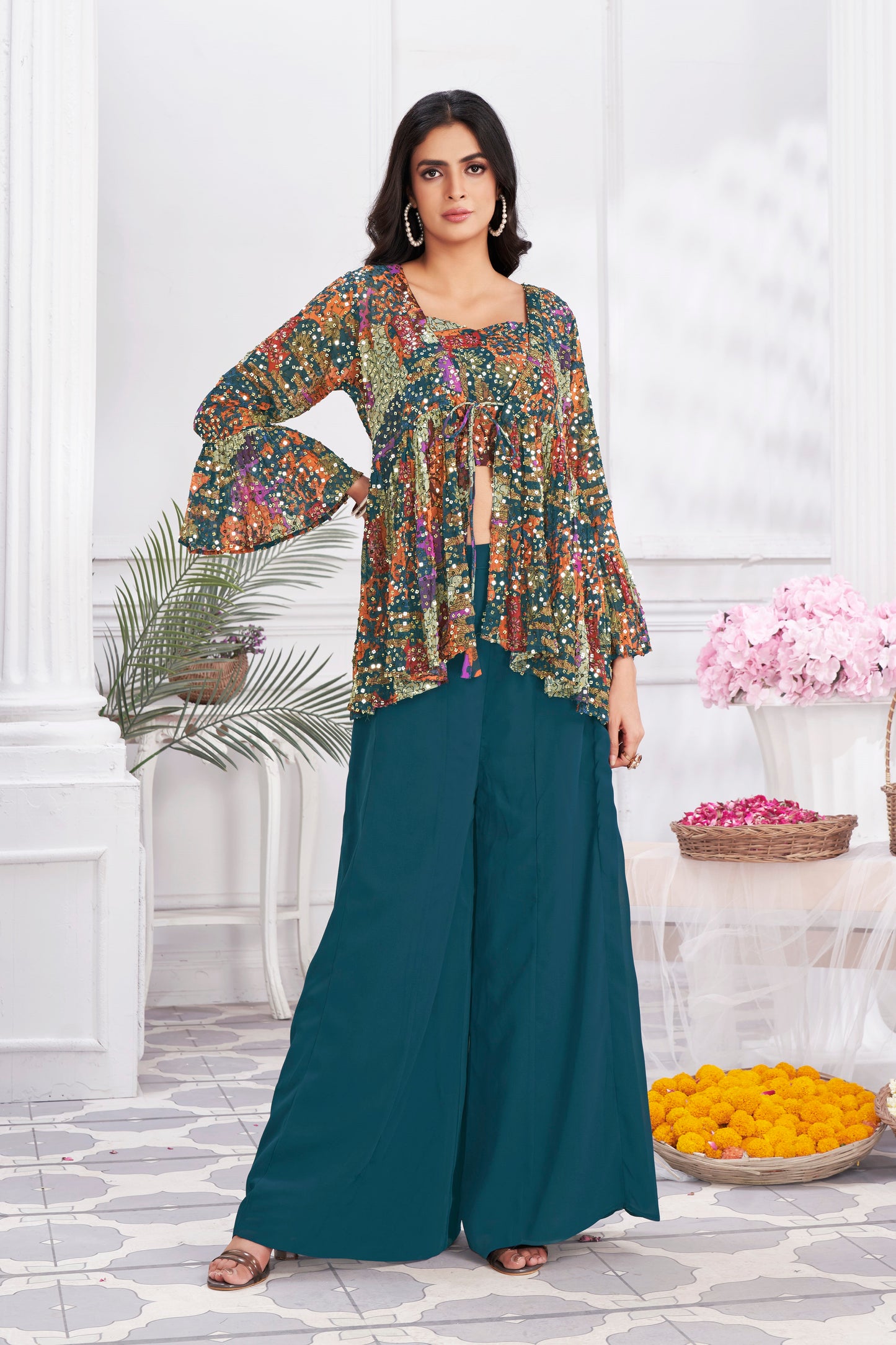 Premium Shimmer Georgette & Fancy Fabric Embroidery & Hand Work Fancy Crop Top/Sharara & Choli