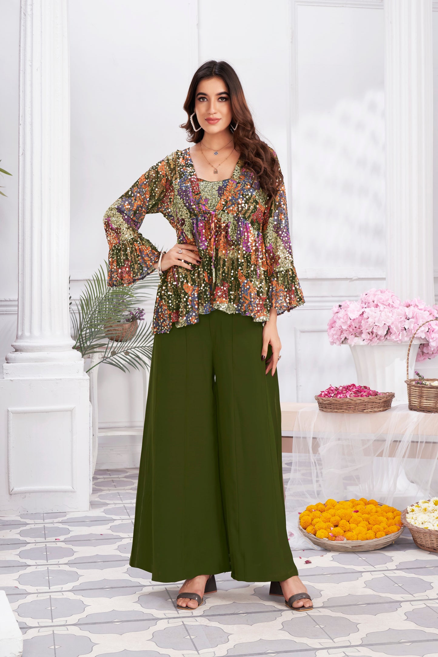 Premium Shimmer Georgette & Fancy Fabric Embroidery & Hand Work Fancy Crop Top/Sharara & Choli