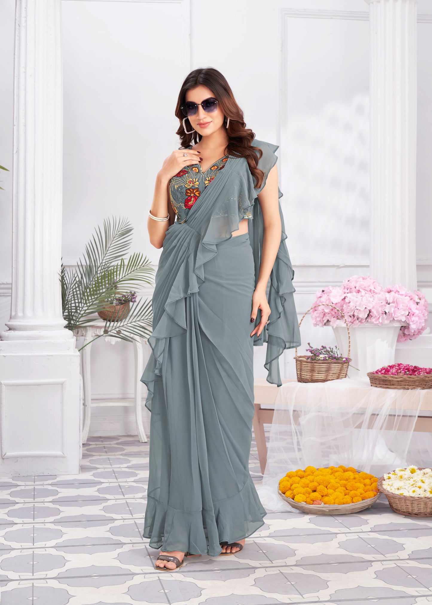 Premium Satin Silk & Fancy Fabric Embroidery & Hand Work Fancy Drape Saree & Choli