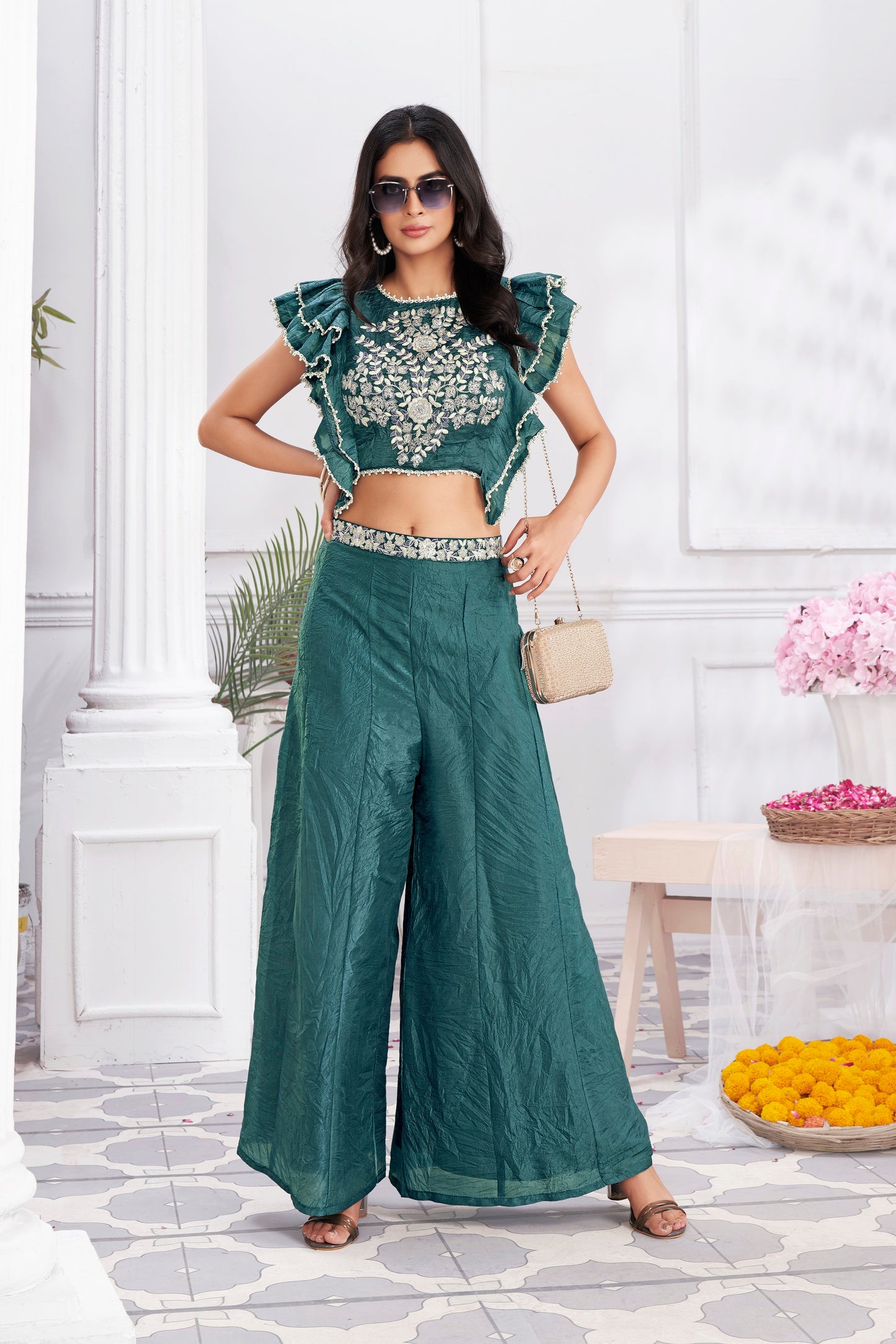Premium Shimmer Georgette & Fancy Fabric Embroidery & Hand Work Fancy Crop Top/Sharara & Choli
