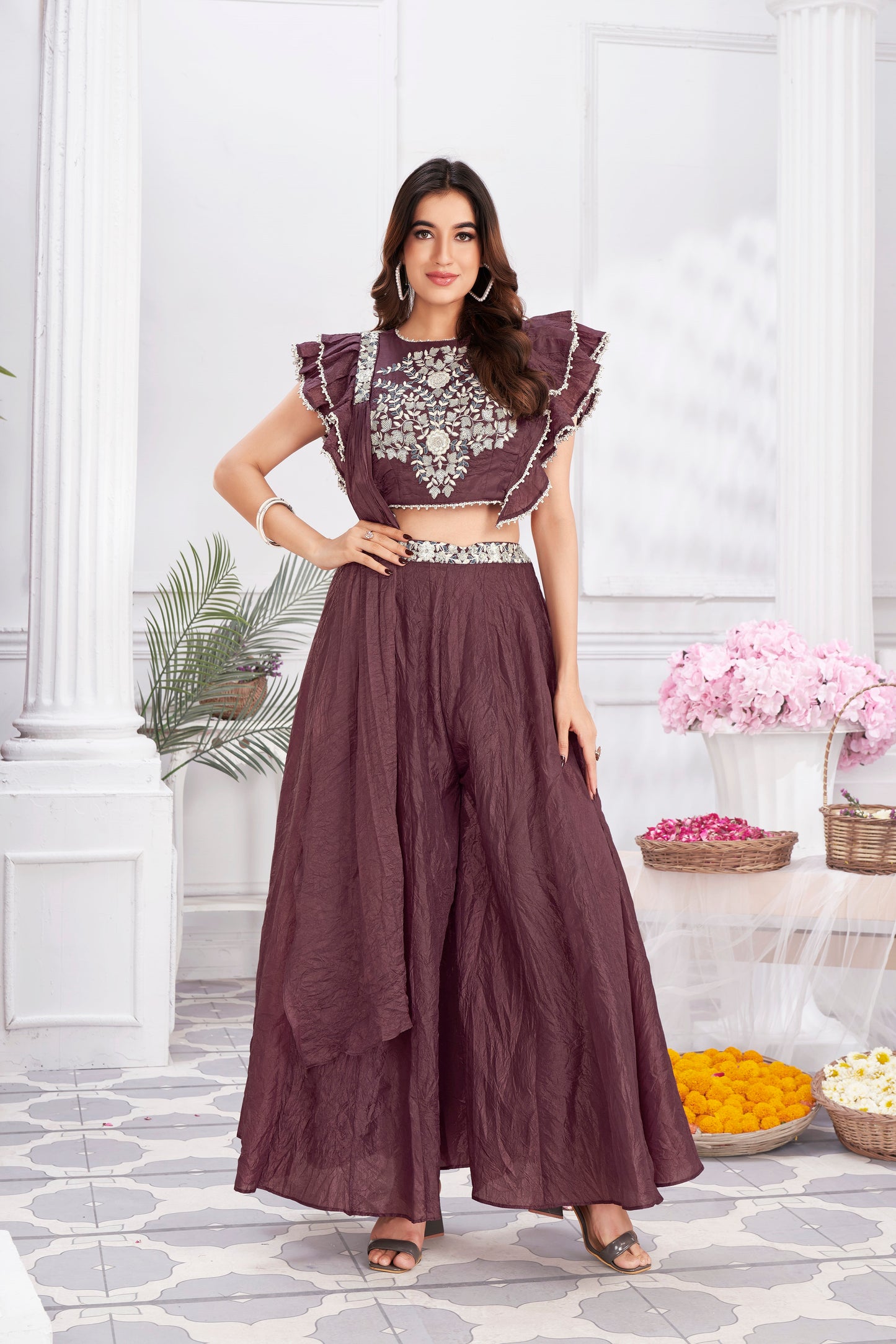 Premium Shimmer Georgette & Fancy Fabric Embroidery & Hand Work Fancy Crop Top/Sharara & Choli