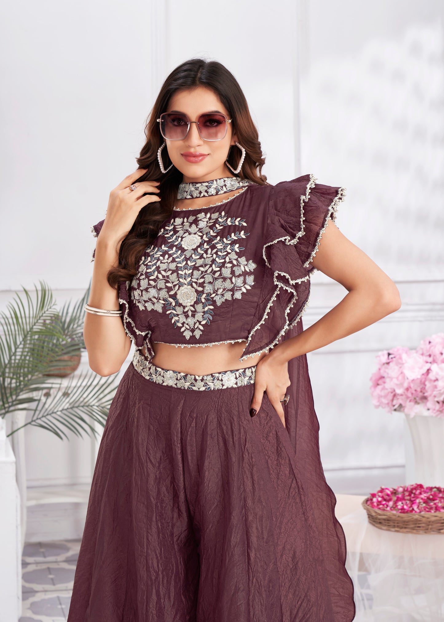 Premium Shimmer Georgette & Fancy Fabric Embroidery & Hand Work Fancy Crop Top/Sharara & Choli