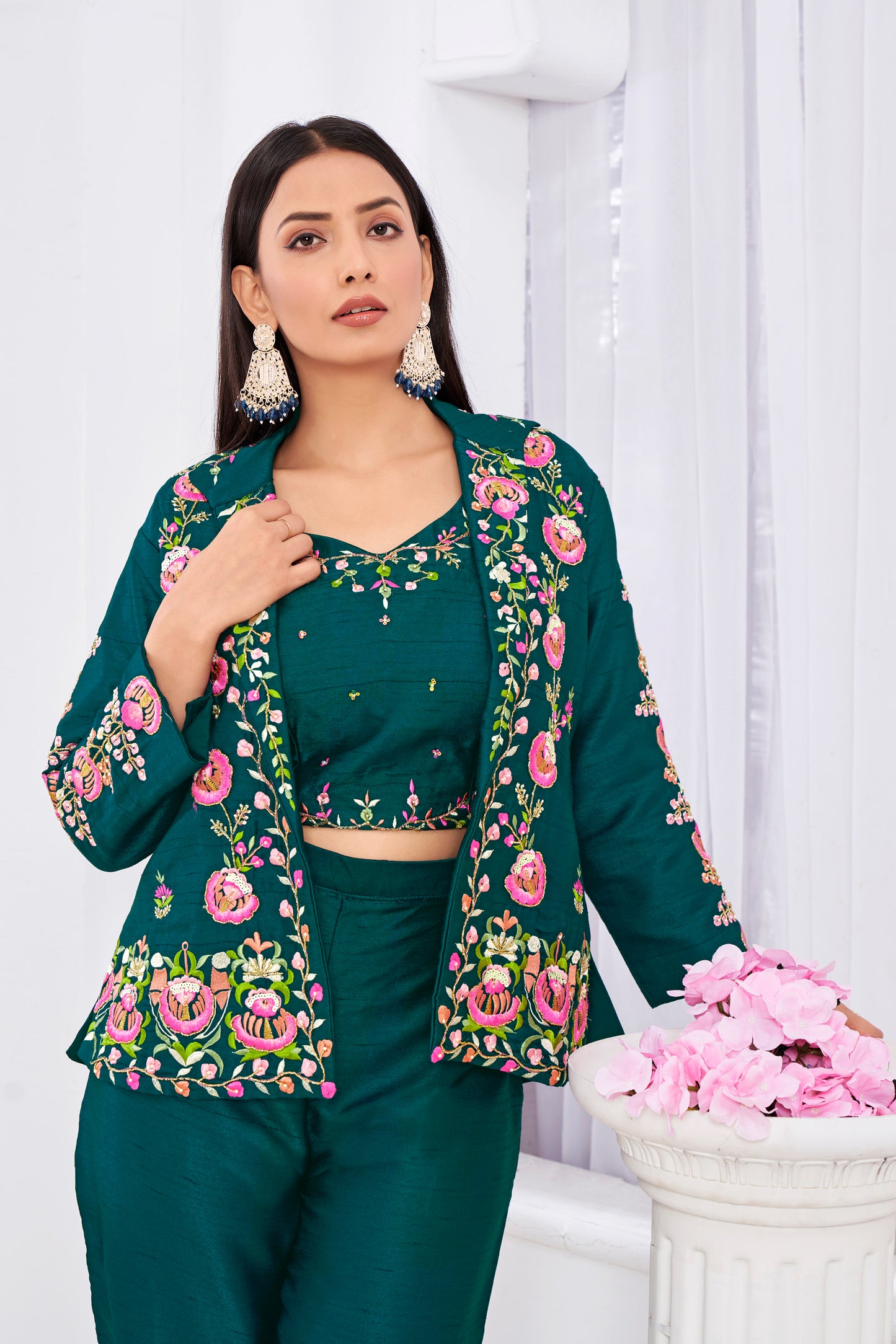Premium Tussar Silk Embroidery & Hand Work Fancy Crop Top/Jacket & Choli & Pent
