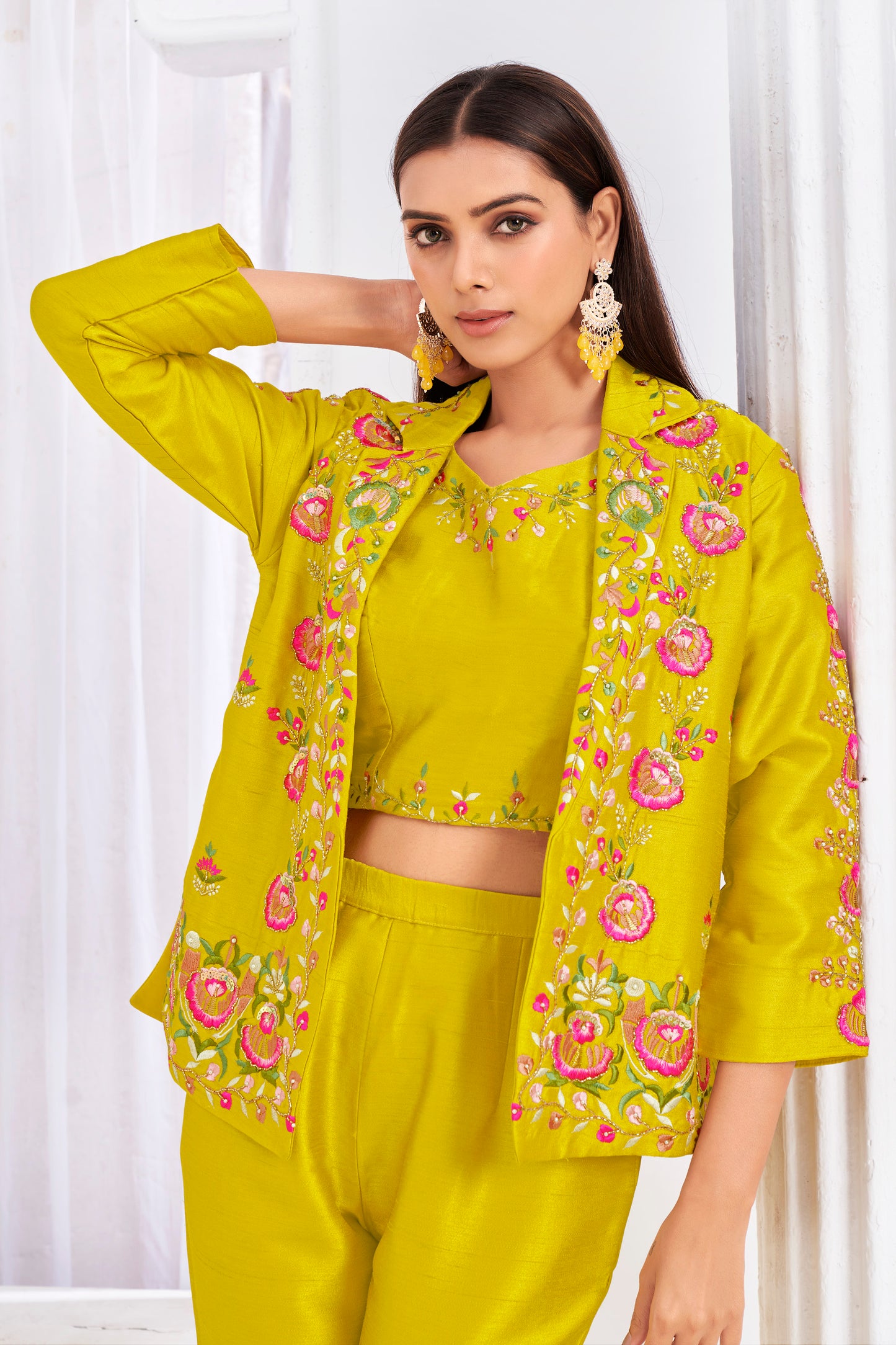 Premium Tussar Silk Embroidery & Hand Work Fancy Crop Top/Jacket & Choli & Pent