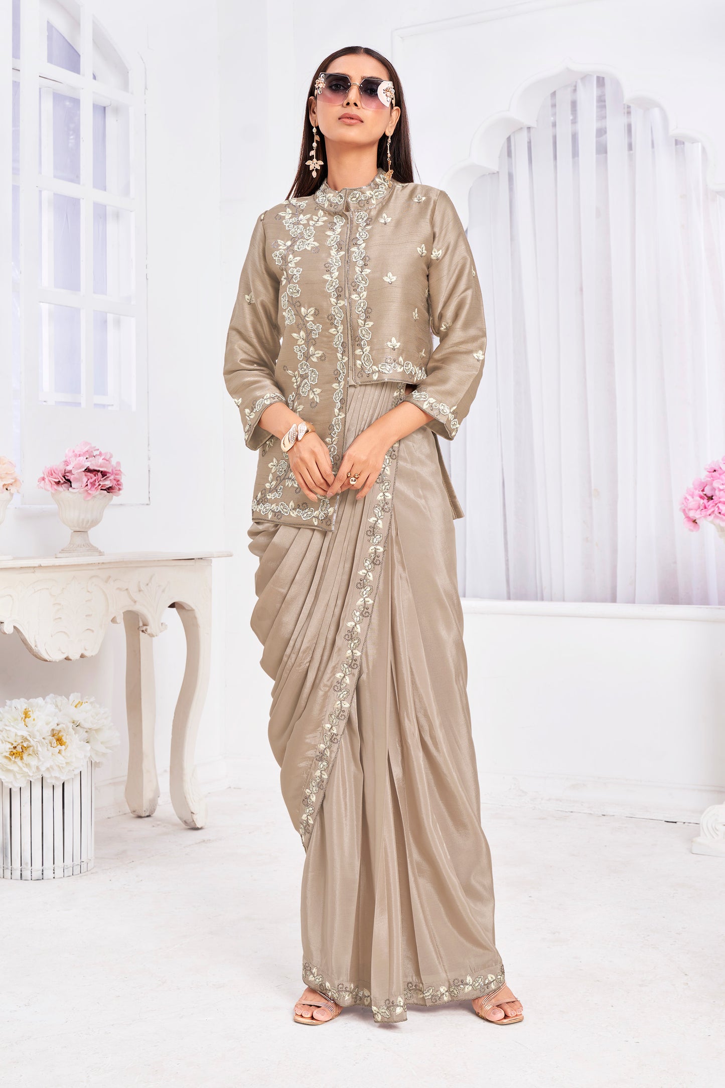 Premium Georgette Embroidery & Hand Work Fancy Drape Saree /Saree & jacket Choli