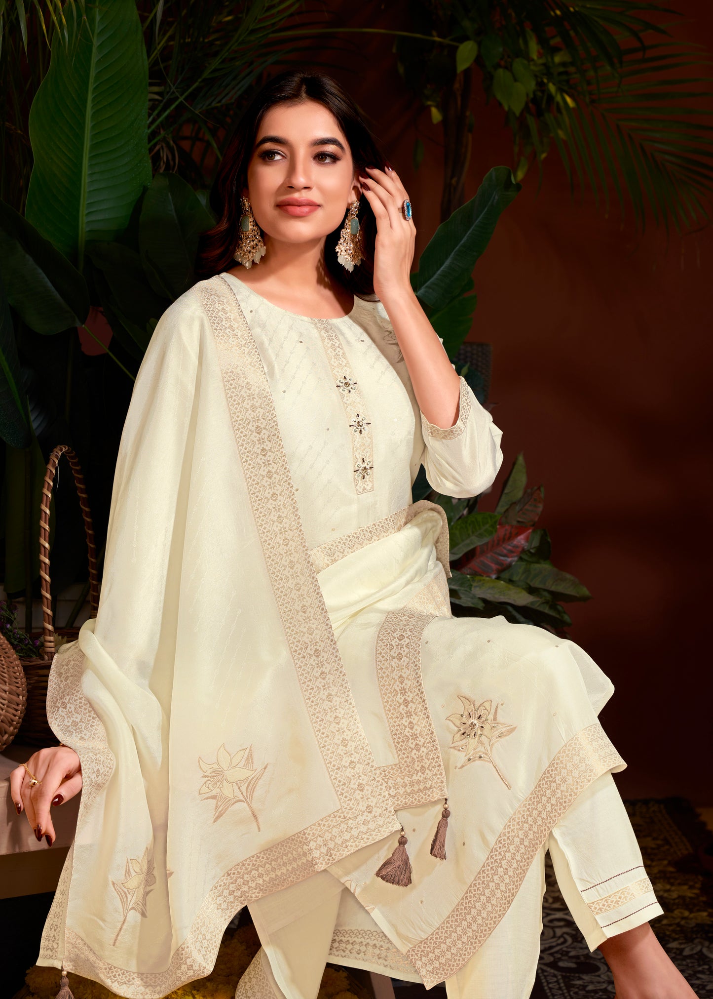 Premium Natural Viscose Jacquard Butti And Hand Work Salwar/Kameez/Dupatta/3 Pcs Set