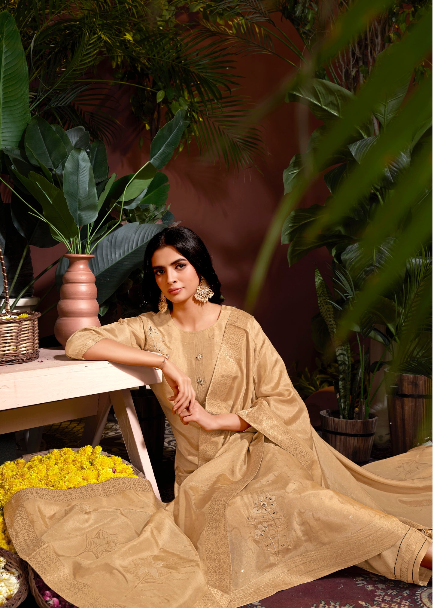 Premium Natural Viscose Jacquard Butti And Hand Work Salwar/Kameez/Dupatta/3 Pcs Set
