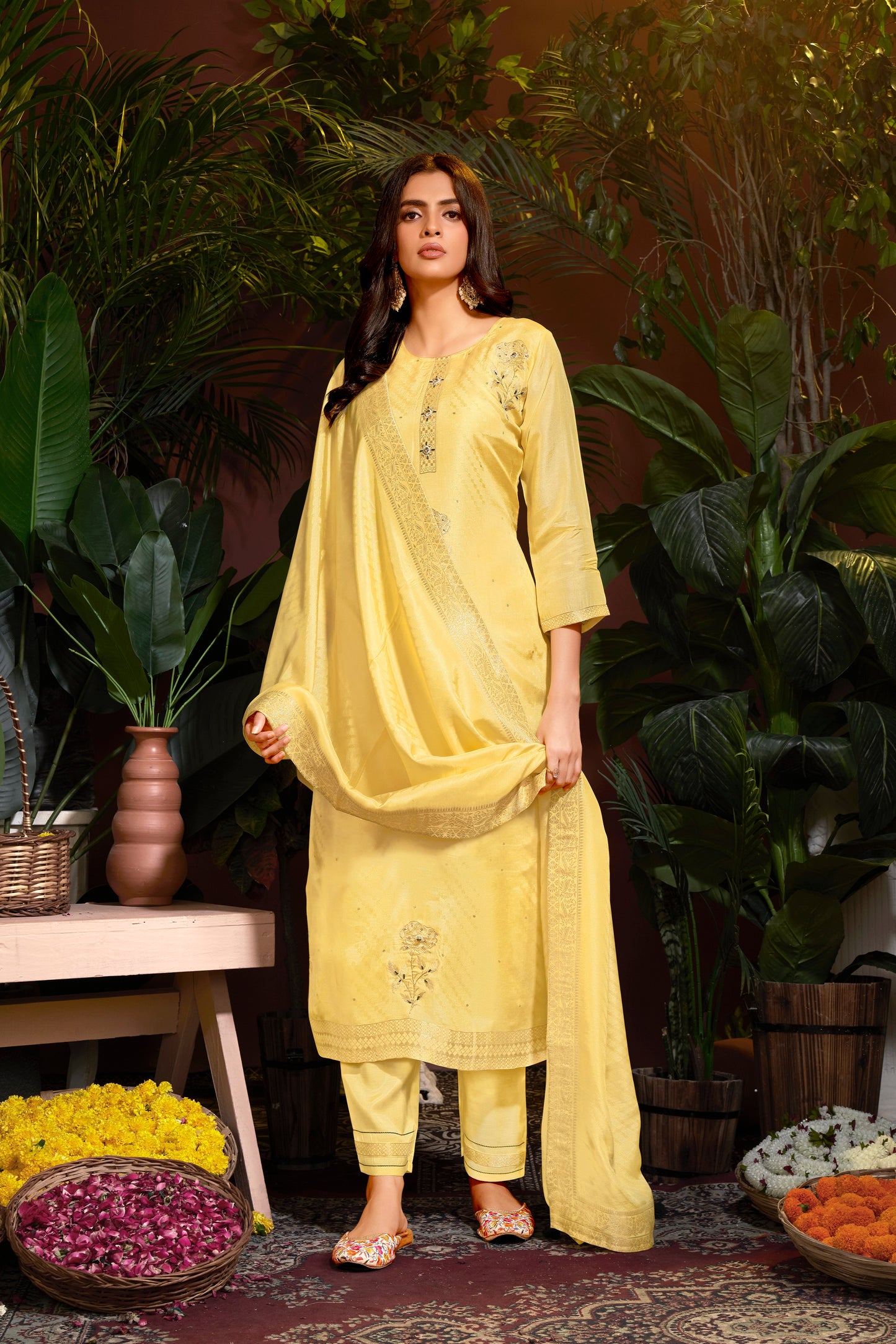 Premium Natural Viscose Jacquard Butti And Hand Work Salwar/Kameez/Dupatta/3 Pcs Set