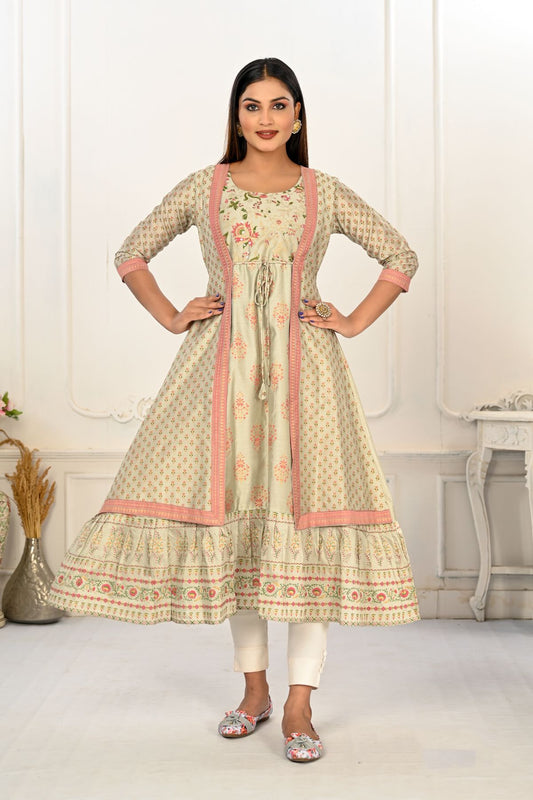Pista Green Cotton Handprint Kurtis with Light Embroidery - jivora