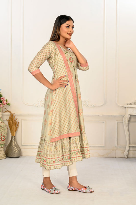 Pista Green Cotton Handprint Kurtis with Light Embroidery - jivora