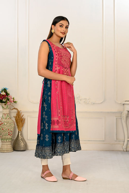 2 Layered Inner Cotton And Outward Jacket Chanderi Kurti - jivora
