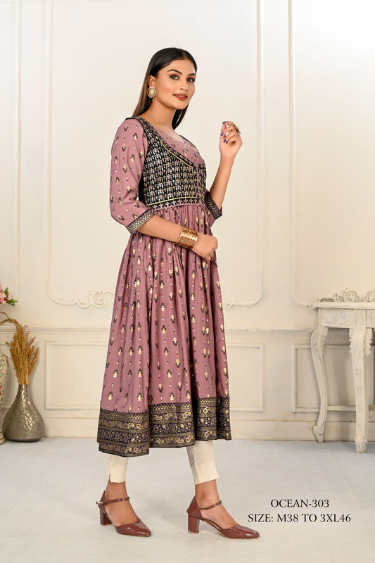 Violet Cotton Handprint Embroidered Kurtis - jivora