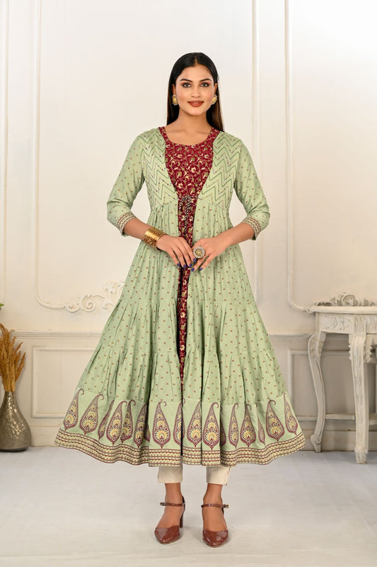 Pista Green Cotton Handprint Embroidered Kurtis - jivora