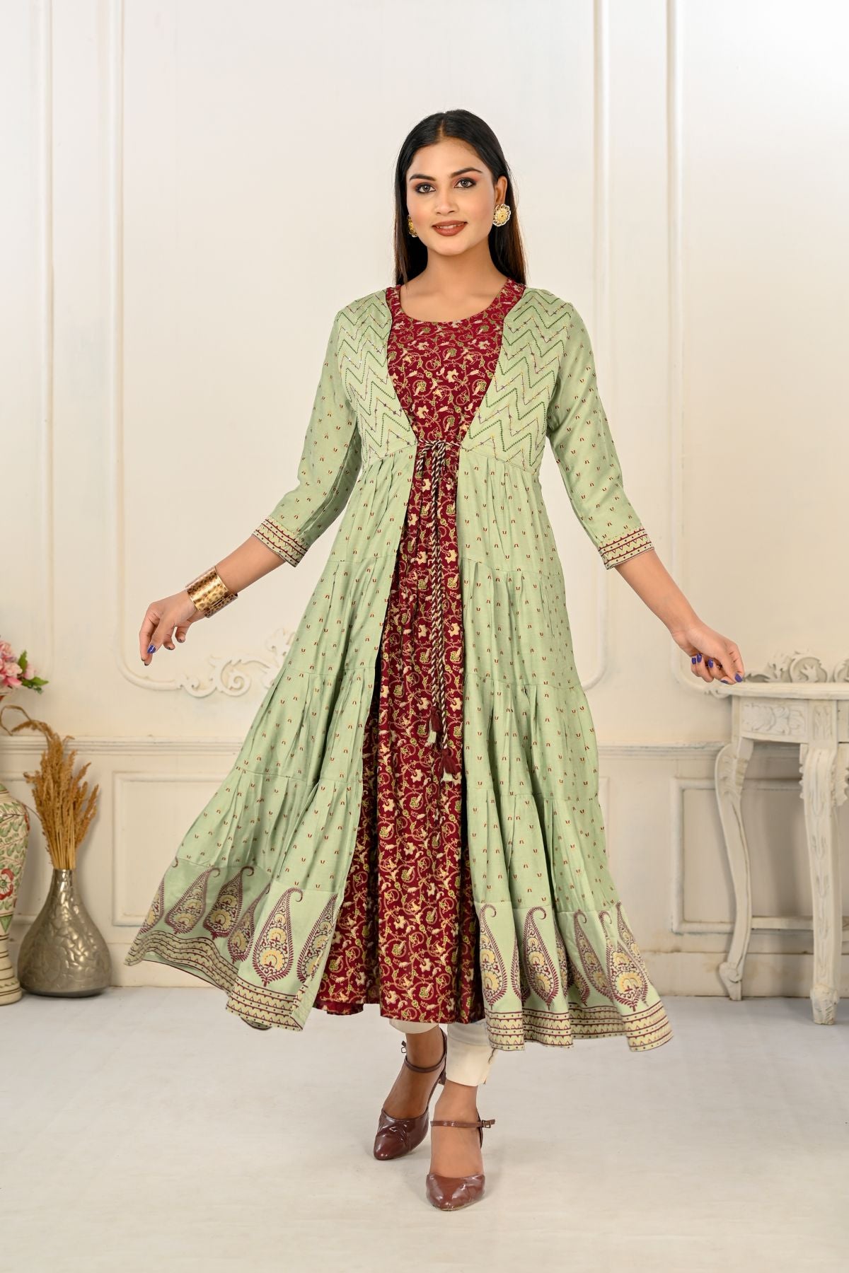 Pista Green Cotton Handprint Embroidered Kurtis - jivora