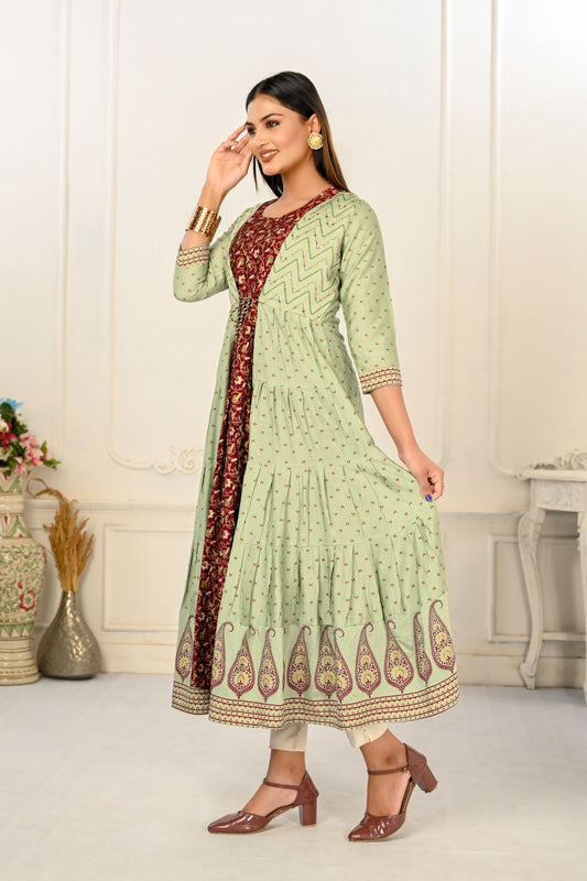 Pista Green Cotton Handprint Embroidered Kurtis - jivora