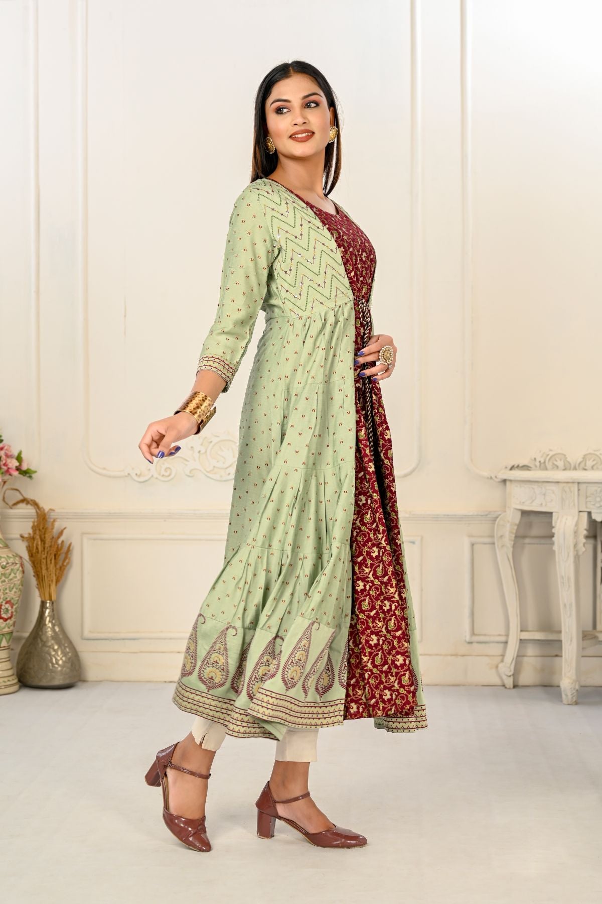 Pista Green Cotton Handprint Embroidered Kurtis - jivora