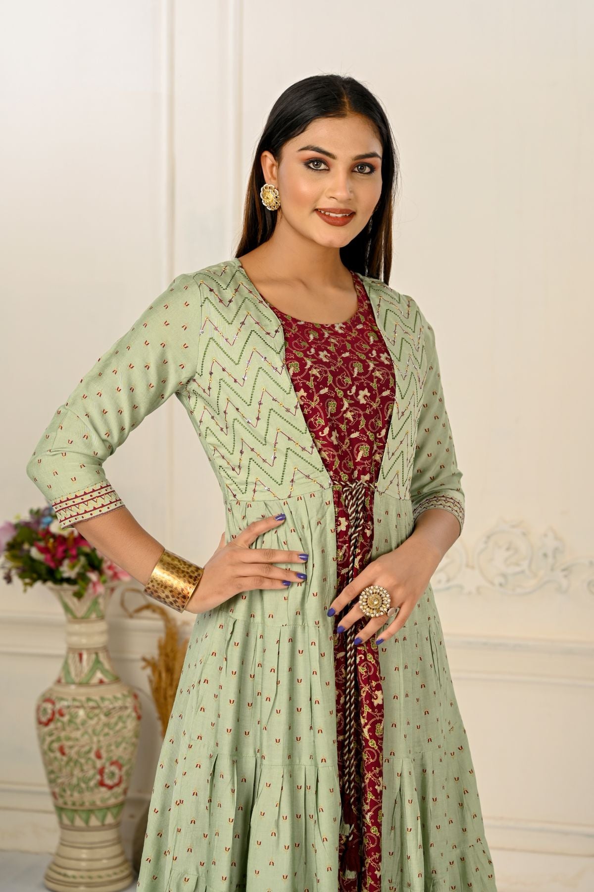 Pista Green Cotton Handprint Embroidered Kurtis - jivora
