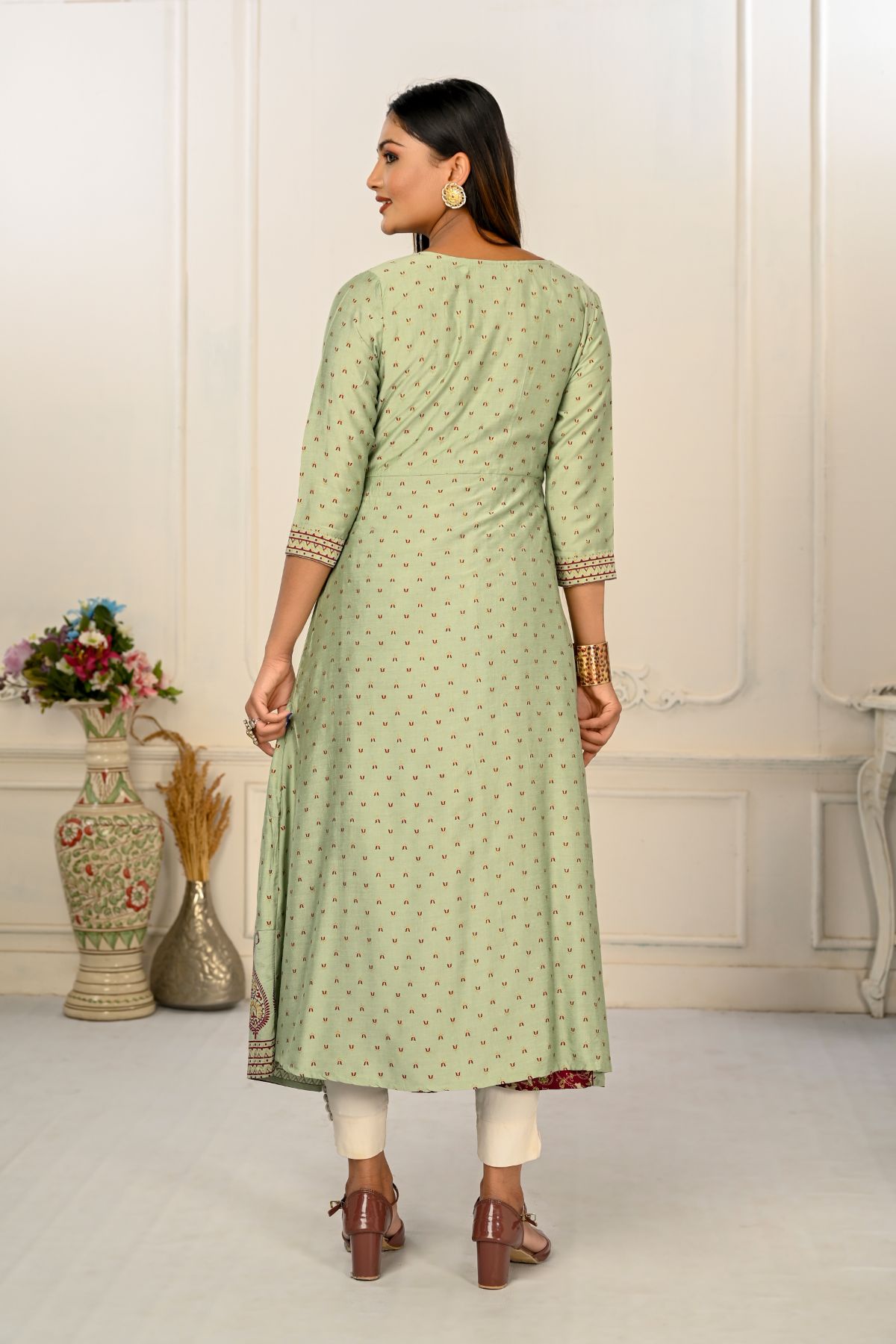 Pista Green Cotton Handprint Embroidered Kurtis - jivora