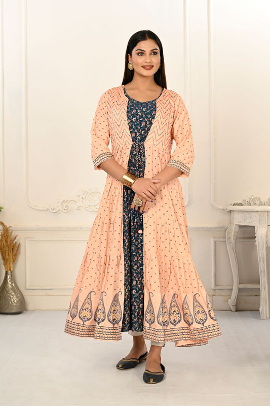Peach Cotton Handprint Embroidered Kurtis - jivora