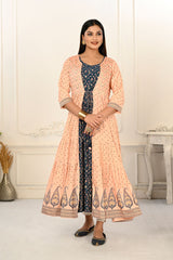 Peach Cotton Handprint Embroidered Kurtis - jivora