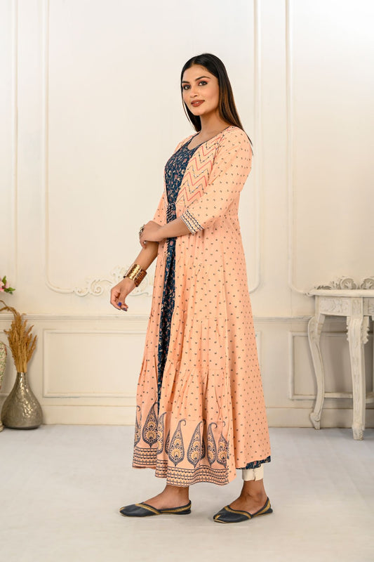 Peach Cotton Handprint Embroidered Kurtis - jivora