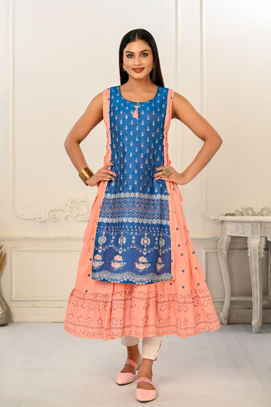 2 Layered Inner Cotton And Outward Jacket Chanderi Kurti - jivora