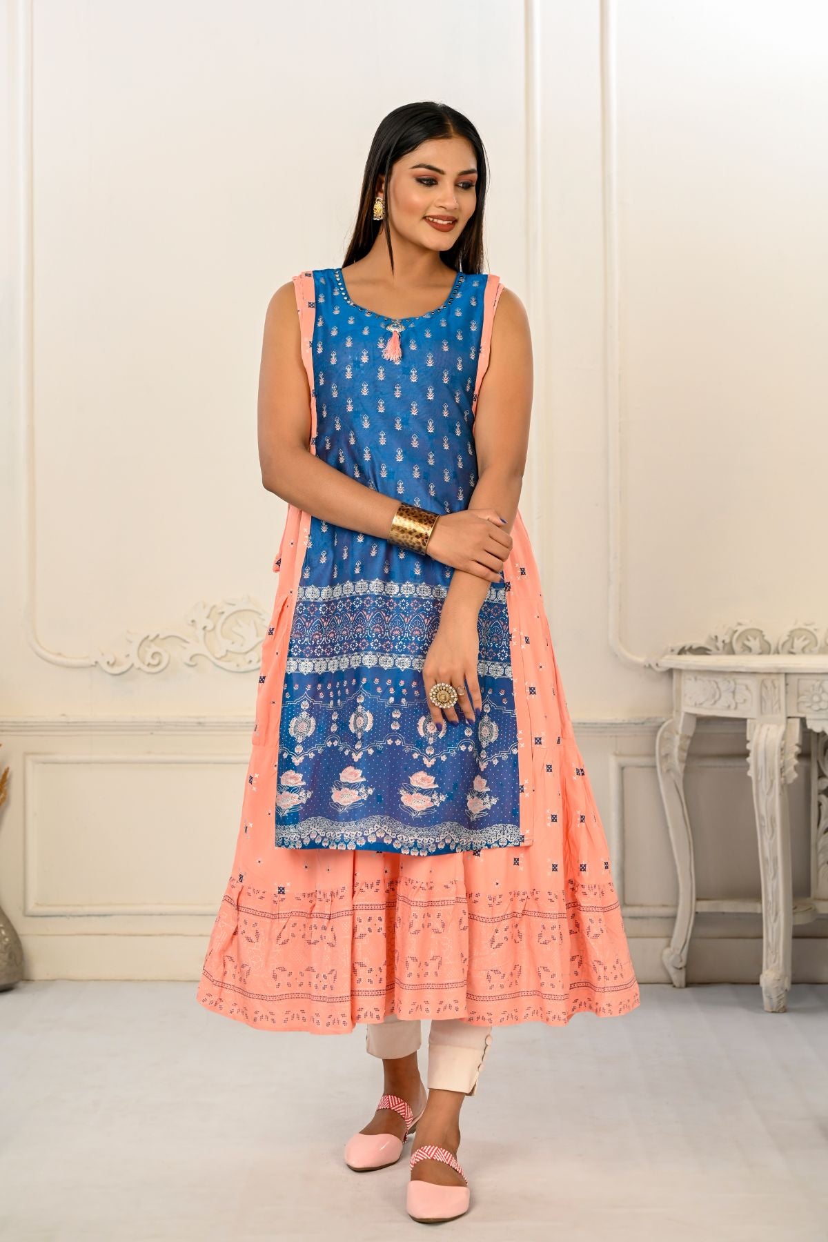 2 Layered Inner Cotton And Outward Jacket Chanderi Kurti - jivora