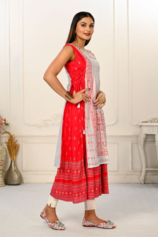 2 Layered Inner Cotton And Outward Jacket Chanderi Kurti - jivora