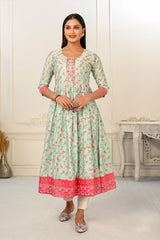 Light Green Cotton Handprint Embroidered Kurtis - jivora