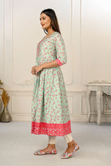 Light Green Cotton Handprint Embroidered Kurtis - jivora